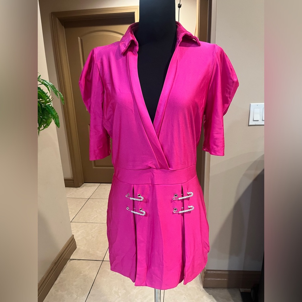 Vibrant Pink jumpsuit with Safety Pin Accents